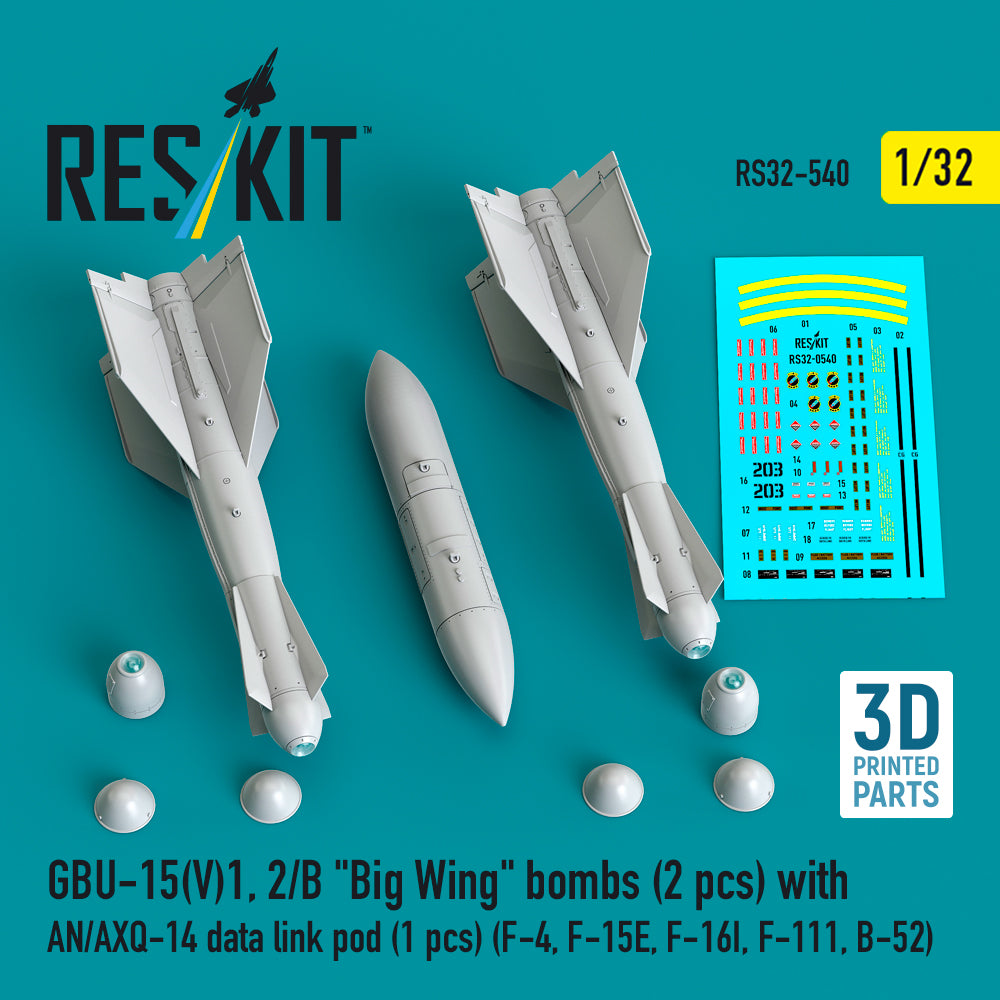 GBU-15(V)1, 2/B 'Big Wing' bombs (2 pcs) with AN/AXQ-14 data link pod (1 pcs) (McDonnell F-4, McDonnell F-15E, Lockheed-Martin F-16I, F-111, B-52) 3D-Printed