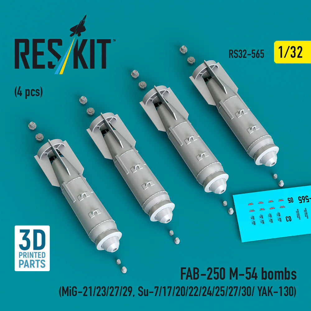 FAB-250 ?-54 bombs (4 pcs) (Mikoyan MiG-21/23/27/29, Sukhoi Sukhoi Su-7/Su-17/Su-20/Su-22/Su-24/Su-25/Su-27/Su-30/ Yakovlev YAK-130) (3D-Printed) (1/32)