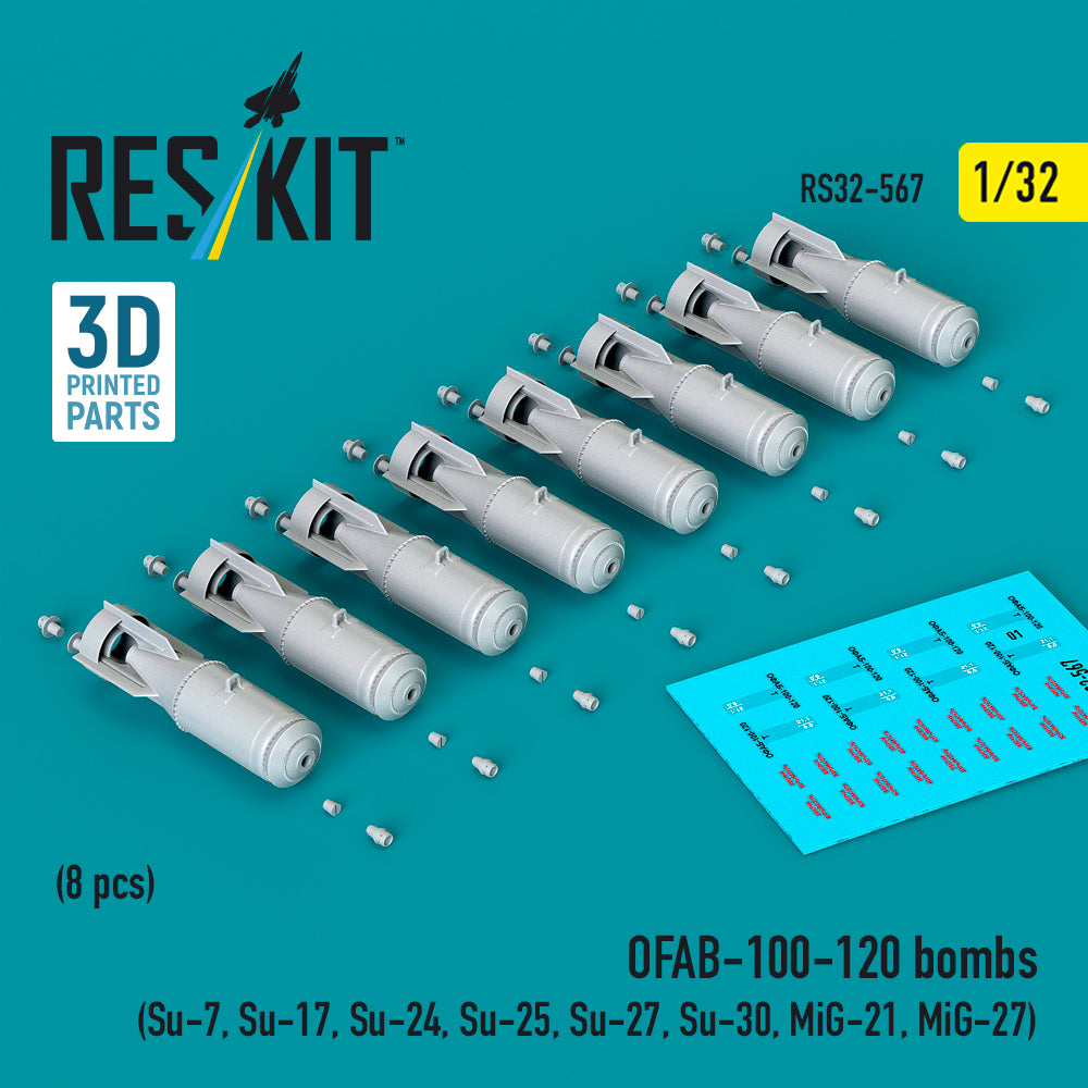 OFAB-100-120 bombs (8 pcs) (Sukhoi Su-7, Su-17, Su-24, Su-25, Su-27, Su-30, Mikoyan MiG-21, Mikoyan MiG-27) (3D-Printed) (1/32)