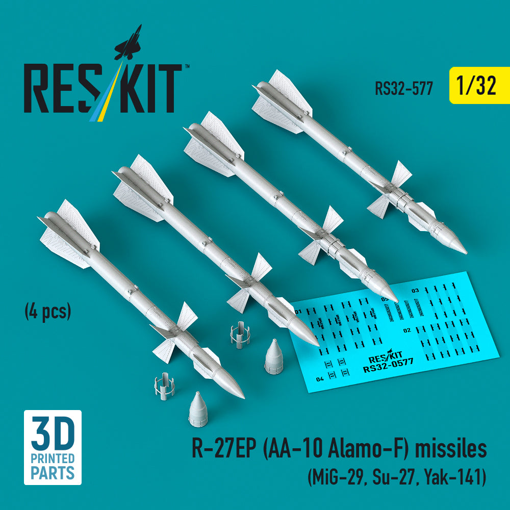 R-27EP (AA-10 Alamo-F) missiles (4 pcs) (Mikoyan MiG-29, Sukhoi Sukhoi Su-27, Yakovlev Yak-141) (3D-Printed) (1/32)