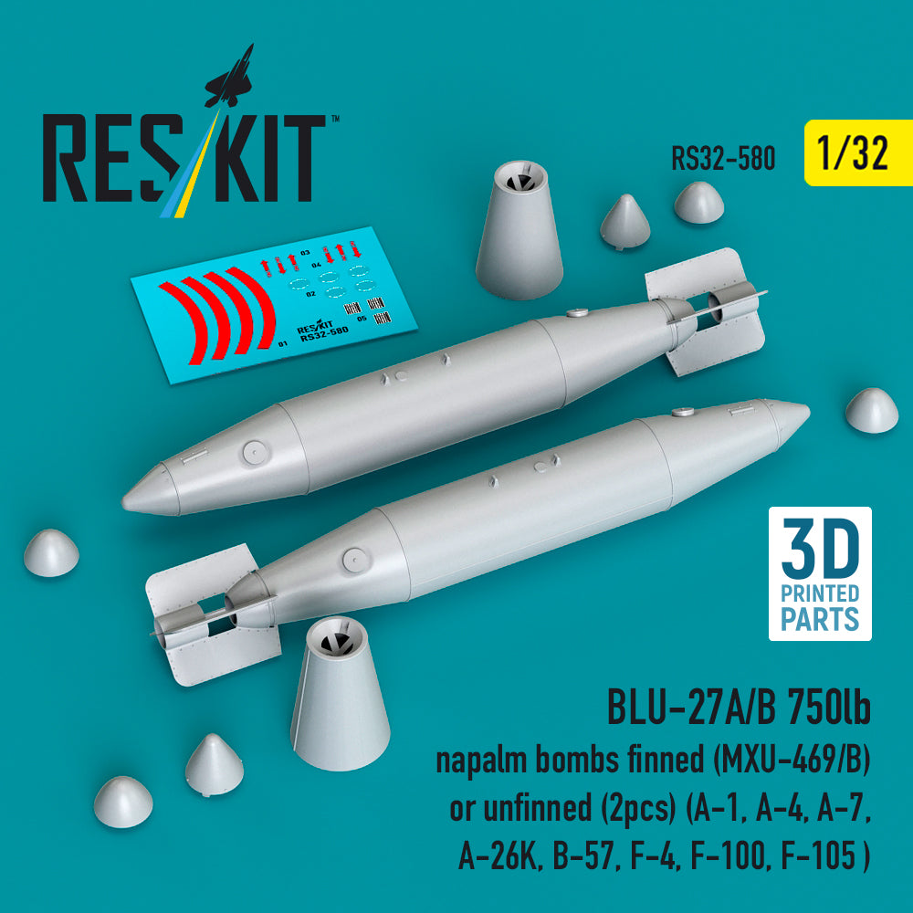 BLU-27A/B 750lb napalm bombs finned (MXU-469/B) or unfinned (2 pcs) (A-1, A-4, LTV A-7, A-26K, B-57, F-4, F-100, F-105 ) (3D-Printed) (designed to be used with Trumpeter kits)