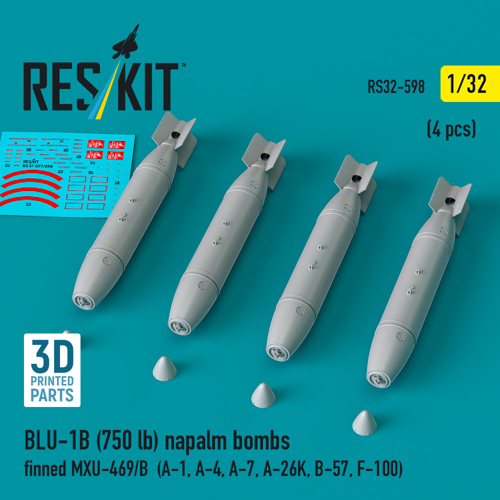 BLU-1B (750 lb) napalm bombs finned MXU-469/B (4 pcs) (A-1, Douglas A-4, LTV A-7, A-26K, B-57, F-100) (3D-Printed) (1/32)