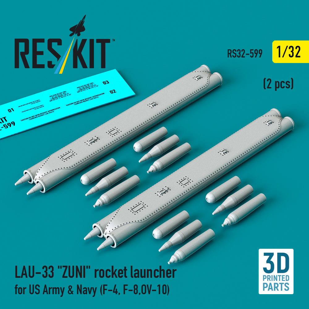 LAU-33 'ZUNI' rocket launcher for US Army & Navy (2 pcs) (F-4, Vought F-8, North-American/Rockwell OV-10) (3D-Printed) (1/32)