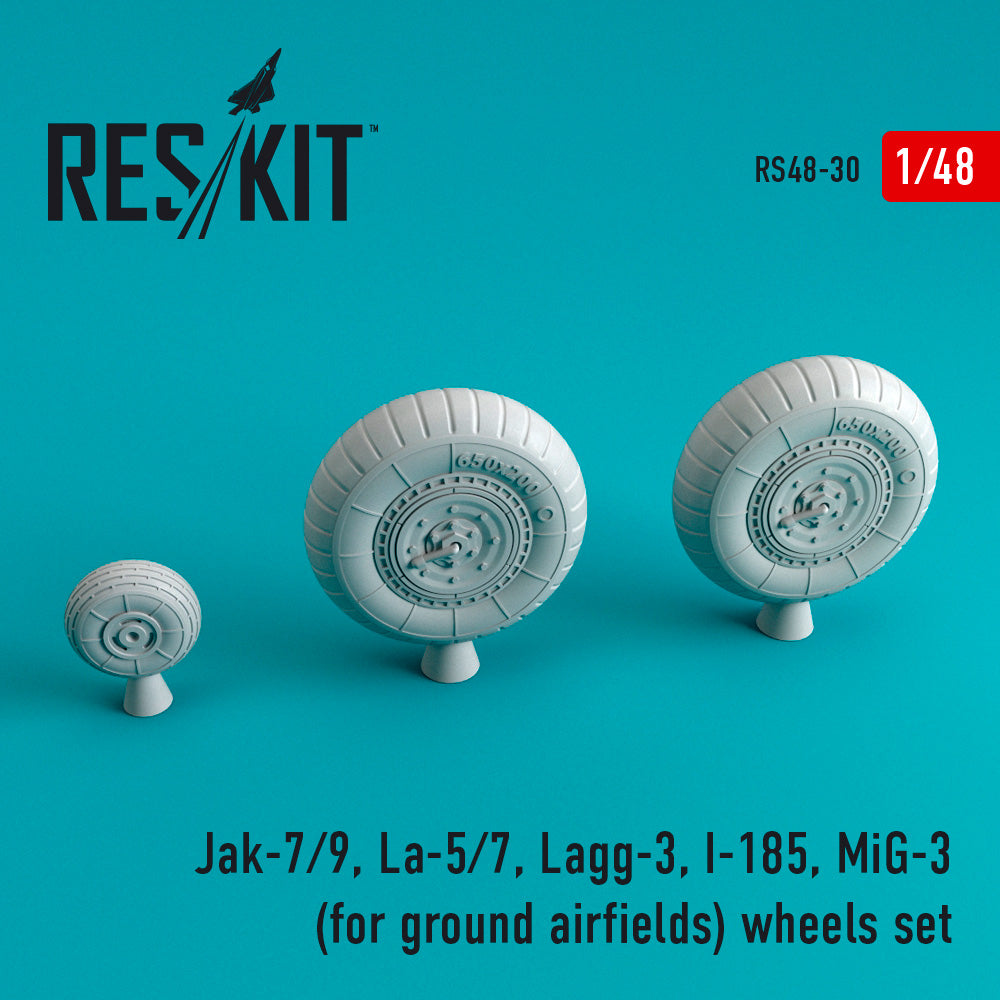 Yakovlev Yak-7/Yak-9, Lavochkin La-5/La-7, LaGG-3, Polikarpov I-185, Mikoyan MiG-3 for ground airfields wheels set (designed to used with Alanger, Ark Models, ICM, Modelsvit, Trumpeter and Zvezda kits) (ResKit sold out May 2026)