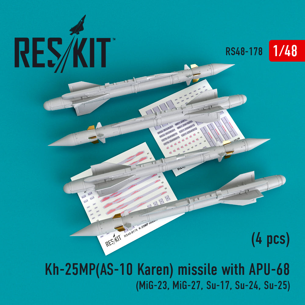 Kh-25MP(AS-10 Karen) missile with APU-68 (4 pcs) (Mikoyan MiG-23, Mikoyan MiG-27, Sukhoi Su-17, Sukhoi Su-24, Sukhoi Su-25)	(designed to be used with Kopro (ex-KP), Smer and Trumpeter kits) (discontinued August 2023)