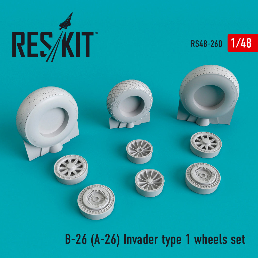 Douglas B-26 (A-26) Invader type 1 wheels set	(designed to be used with Hasegawa, ICM, Monogram and Revell kits) (Reskit sold out October 2025]