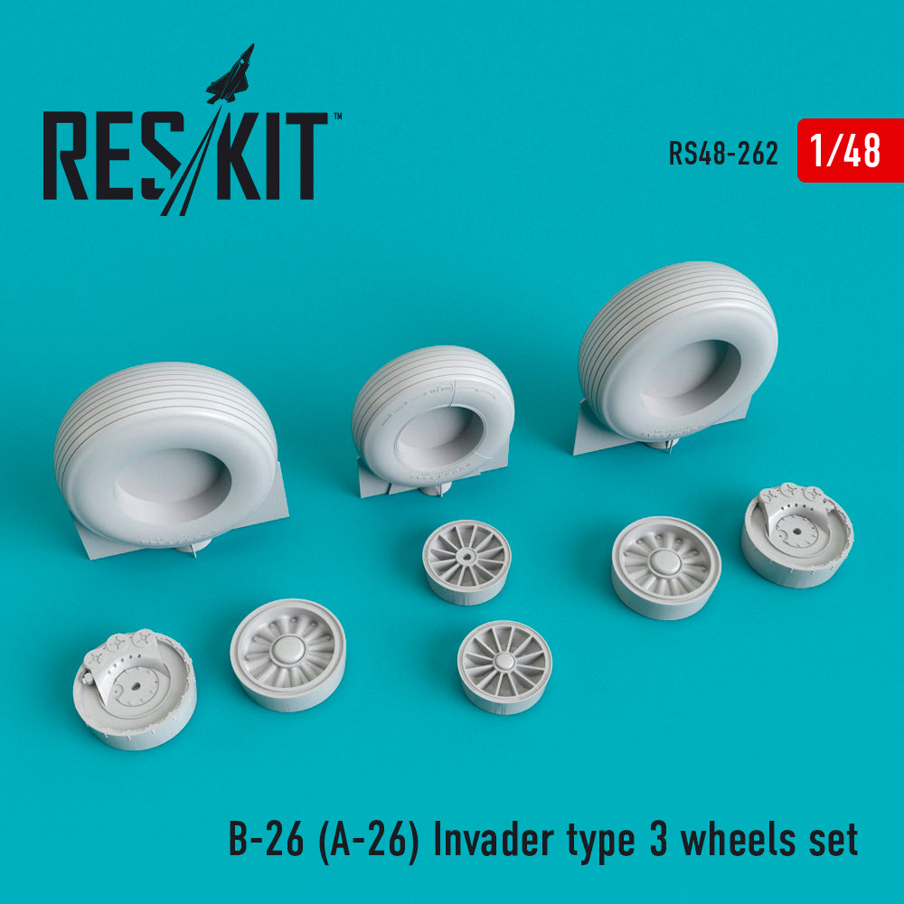 Douglas B-26 (A-26) Invader type 3 wheels set	(designed to be used with Hasegawa, ICM, Monogram and Revell kits) (Reskit sold out October 2025]