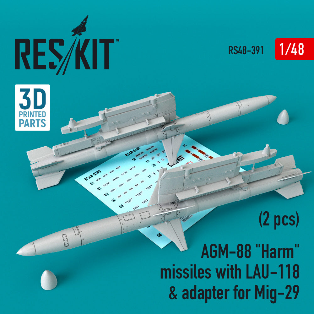 AGM-88 Harm missiles with LAU-118 & adapter for Mikoyan MiG-29 (2 pcs) (1/48) (ResKit sold out January 2026 so no more after we sell out)