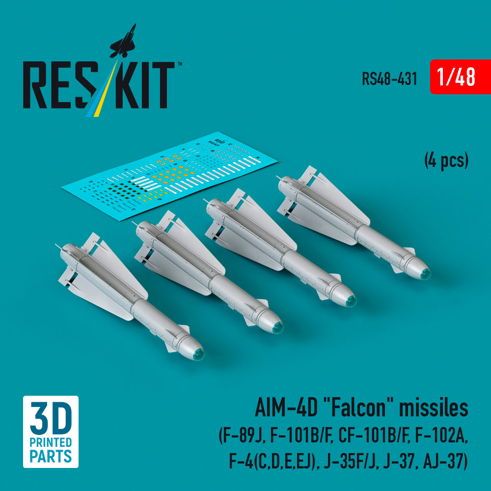 AIM-4D Falcon missiles (4 pcs) (F-89J, F-101B/F, CF-101B/F, Convair F-102A, McDonnell F-4C, F-4D, F-4E, F-4EJ), Saab J-35F/J, J-37, AJ-37) (3D-Printed)