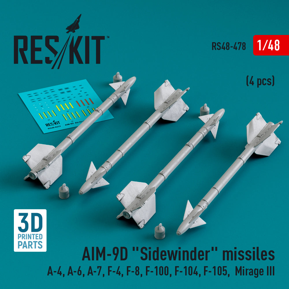 AIM-9D Sidewinder missiles (4 pcs) (Douglas A-4, A-6, LTV A-7, McDonnell F-4, F-8, North-American F-100, Lockheed F-104 Starfighter, Republic F-105D/F-105G Thunderchief, Dassault_Mirage III) (3D-Printed)