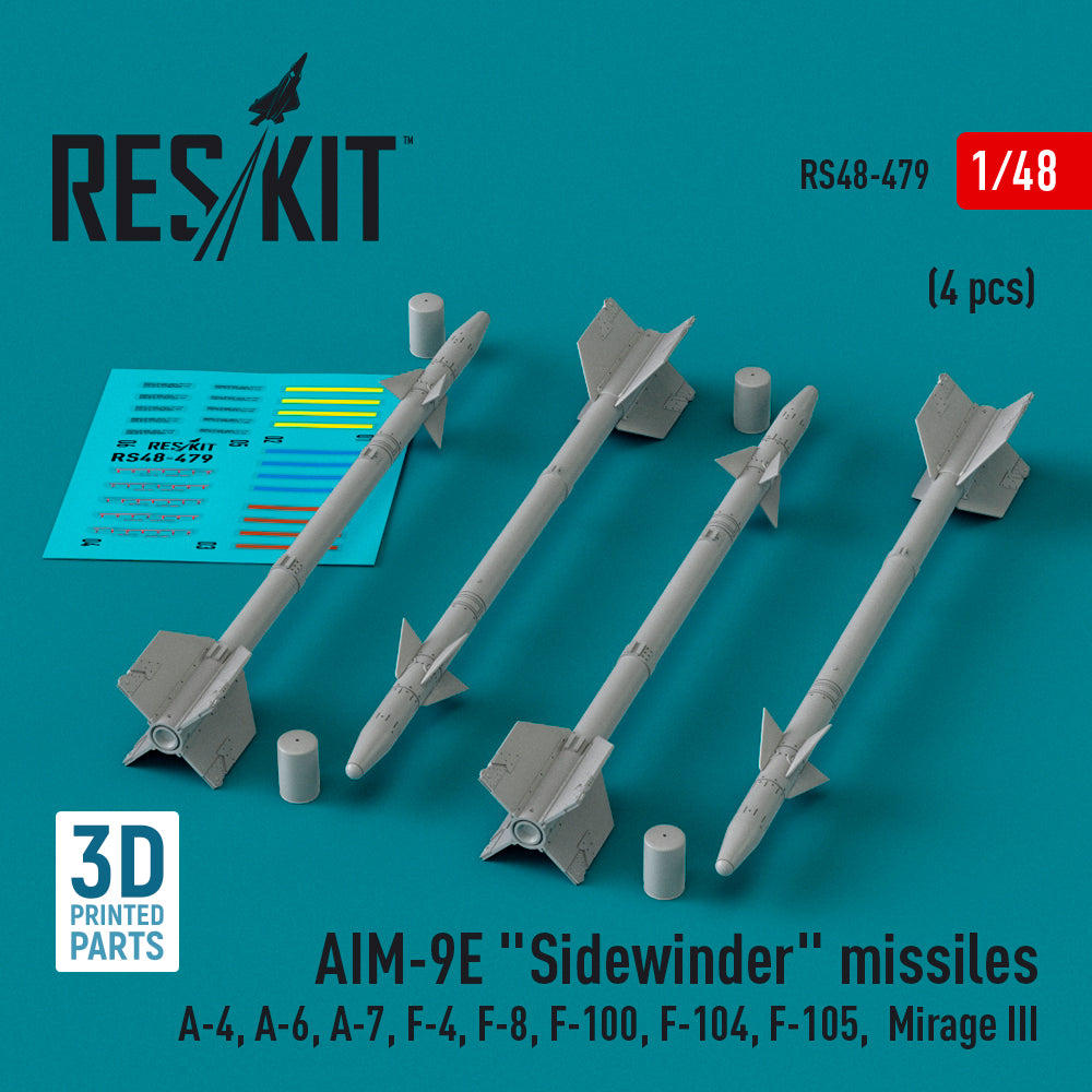 AIM-9E Sidewinder missiles (4 pcs) (Douglas A-4, A-6, LTV A-7, McDonnell F-4, F-8, North-American F-100, Lockheed F-104 Starfighter, Republic F-105D/F-105G Thunderchief, Dassault_Mirage III) (3D-Printed)