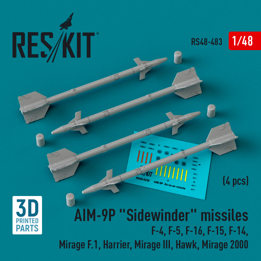 AIM-9P Sidewinder missiles (4 pcs) (McDonnell F-4, Northrop F-5, F-16, McDonnell F-15, Grumman F-14, Dassault_Mirage F.1, BAe Harrier, Dassault_Mirage III, Hawk, Dassault_Mirage 2000) (3D-Printed)