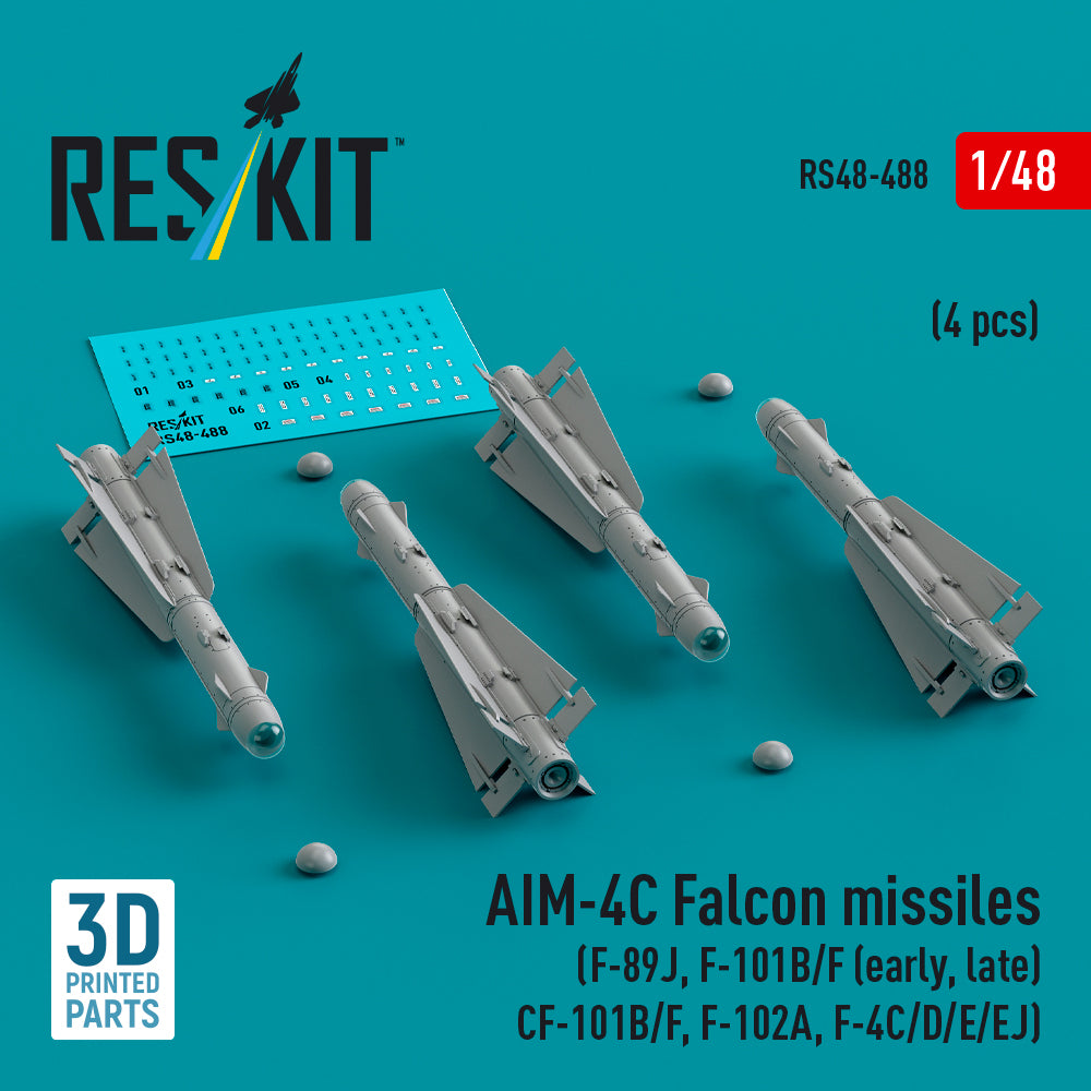 AIM-4C Falcon missiles (F-89J, F-101B/F (early, late), CF-101B/F, Convair F-102A, McDonnell F-4C/D/E/EJ) (4 pcs) (3D-Printed)