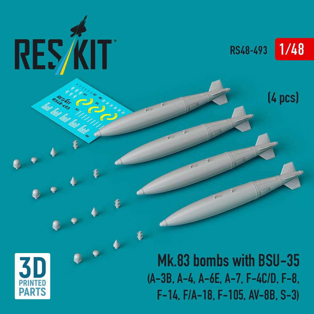 Mk.83 bombs with BSU-35 (4 pcs) (A-3B, Douglas A-4, Grumman A-6E, LTV A-7, McDonnell F-4C/D, F-8, Grumman F-14, F/A-18, Republic F-105F/F-105G Thunderchief, McDonnell-Douglas AV-8B, Lockheed S-3A/S-3B Viking) (3D-Printed)