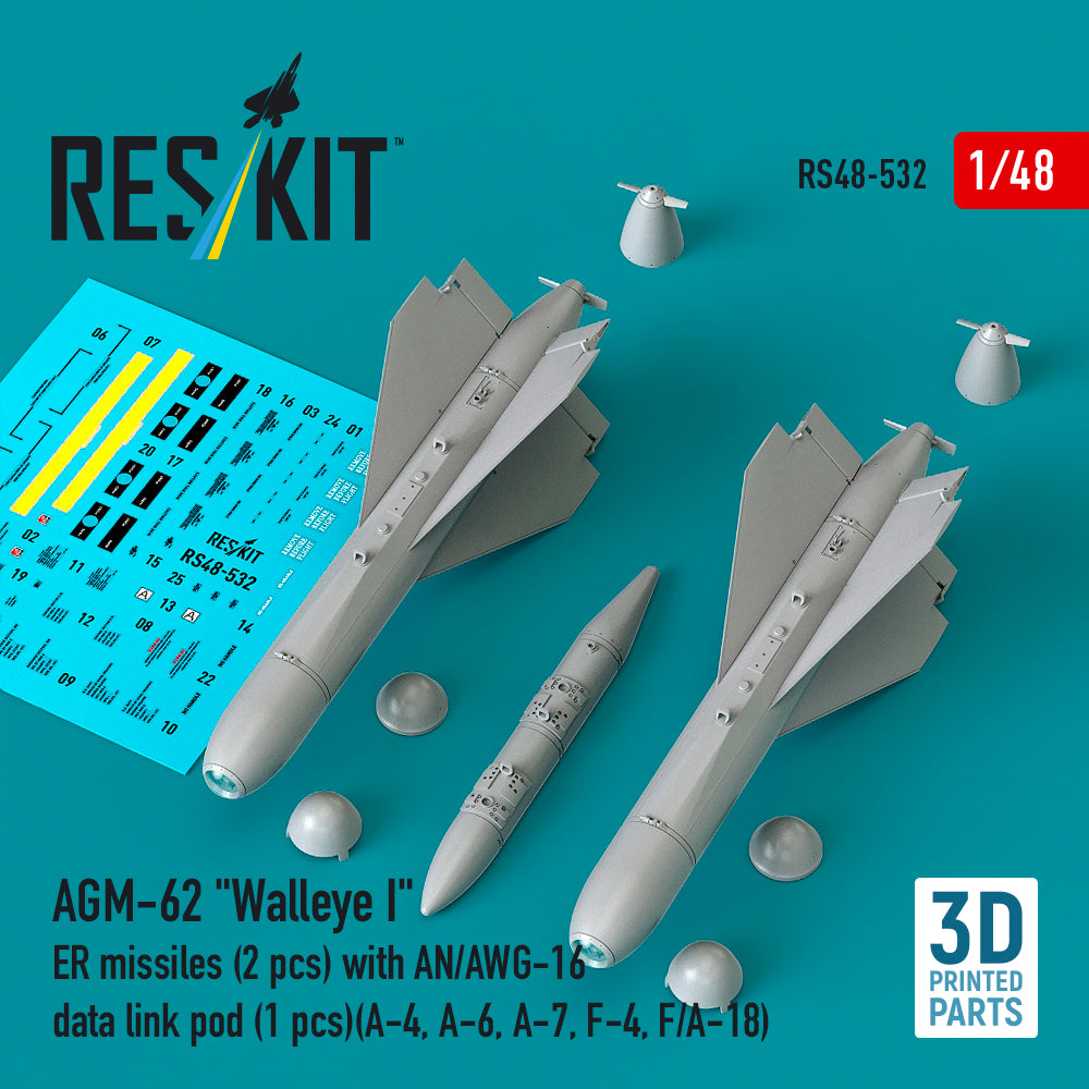 AGM-62 'Walleye I' ER missiles (2 pcs) with AN/AWG-16 data link pod (1 pcs) (Douglas A-4, A-6, A-7, F-4, F/A-18) (3D-Printed) (1/48)