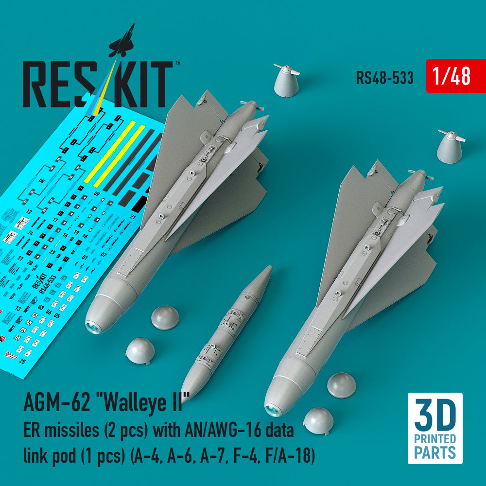 AGM-62 'Walleye II' ER missiles (2 pcs) with AN/AWG-16 data link pod (1 pcs) (Douglas A-4, A-6, A-7, F-4, F/A-18) (3D-Printed) (1/48)