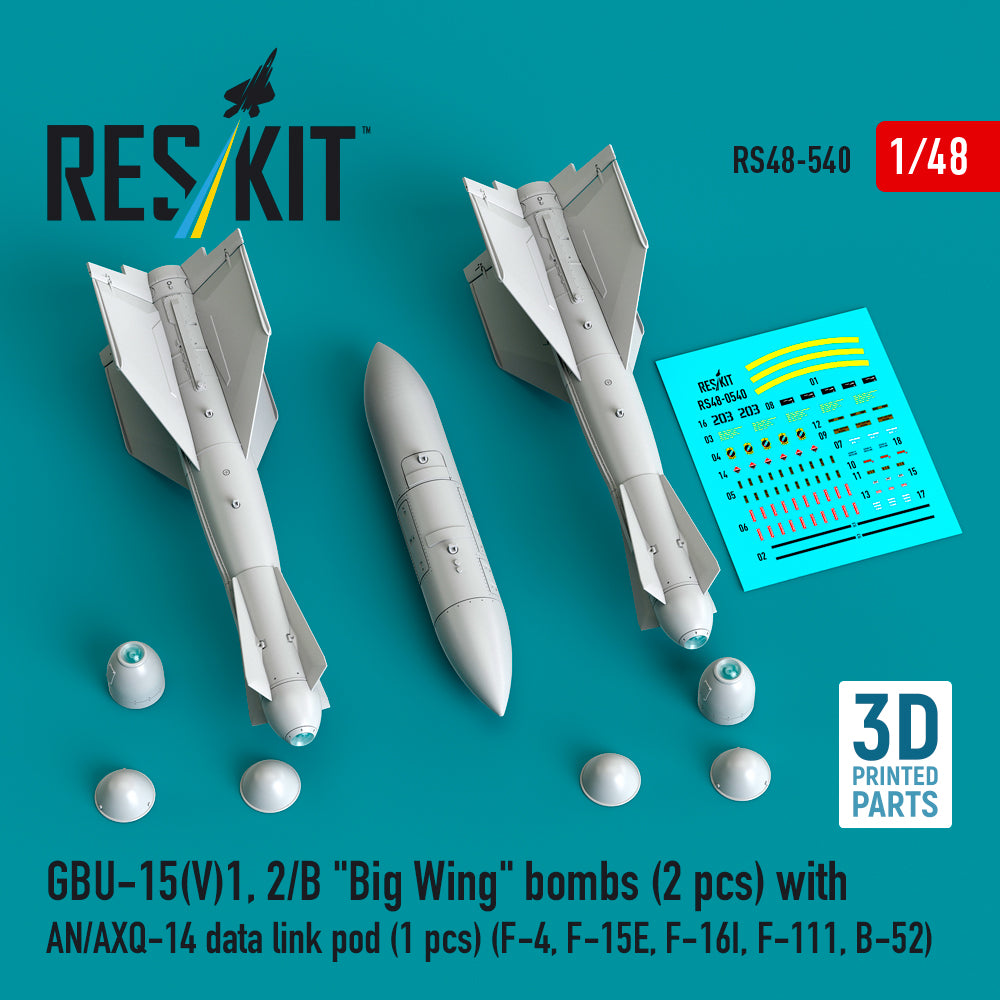 GBU-15(V)1, 2/B Big Wing bombs (2 pcs) with AN/AXQ-14 data link pod (1 pcs) (McDonnell F-4, McDonnell F-15E, Lockheed-Martin F-16I, F-111, B-52) 3D-Printed