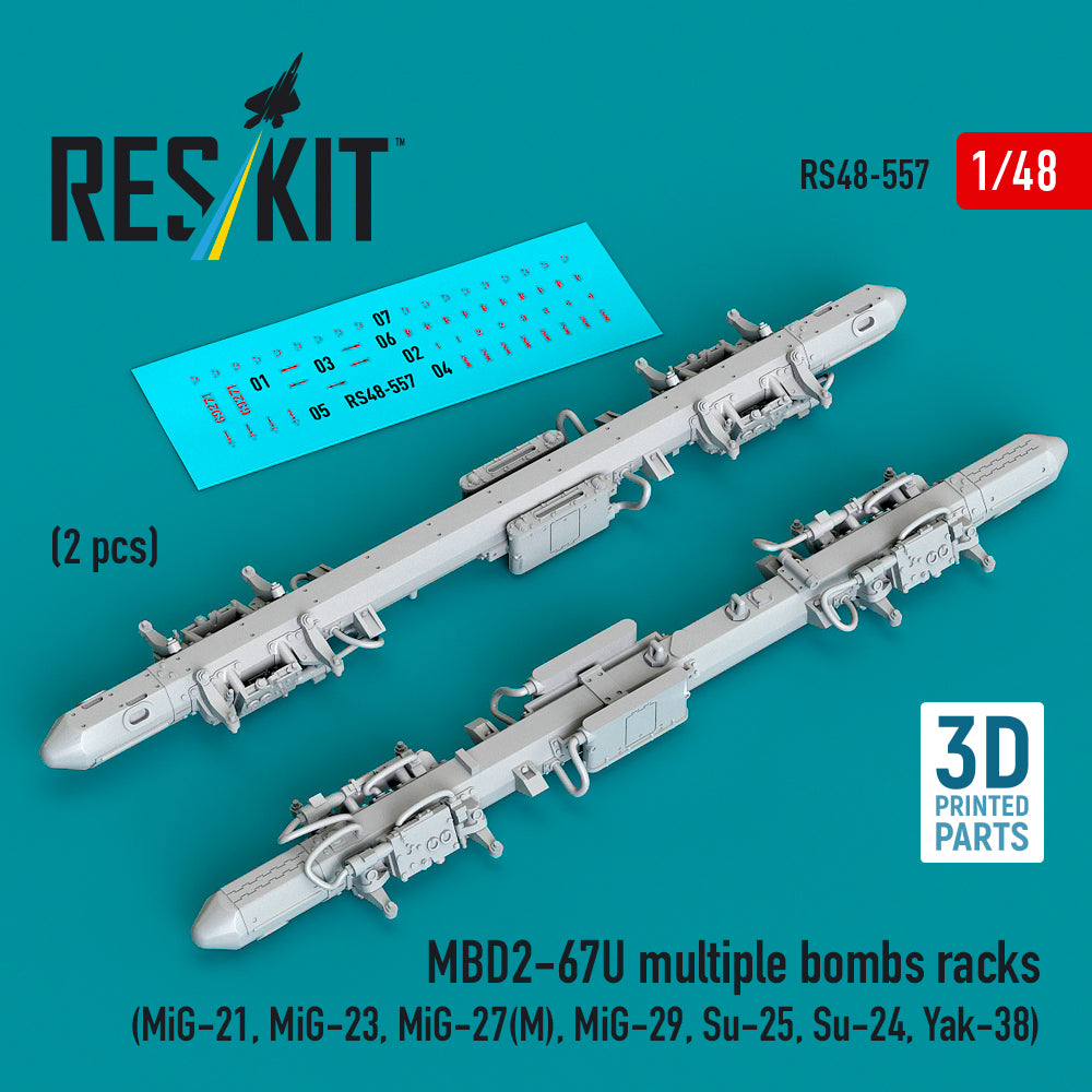 MBD2-67U multiple bombs racks (2 pcs) (Mikoyan MiG-21, Mikoyan MiG-23, Mikoyan MiG-27(?), Mikoyan MiG-29, Su-25, Su-24, Yakovlev Yak-38) (3D-Printed) (1/48)