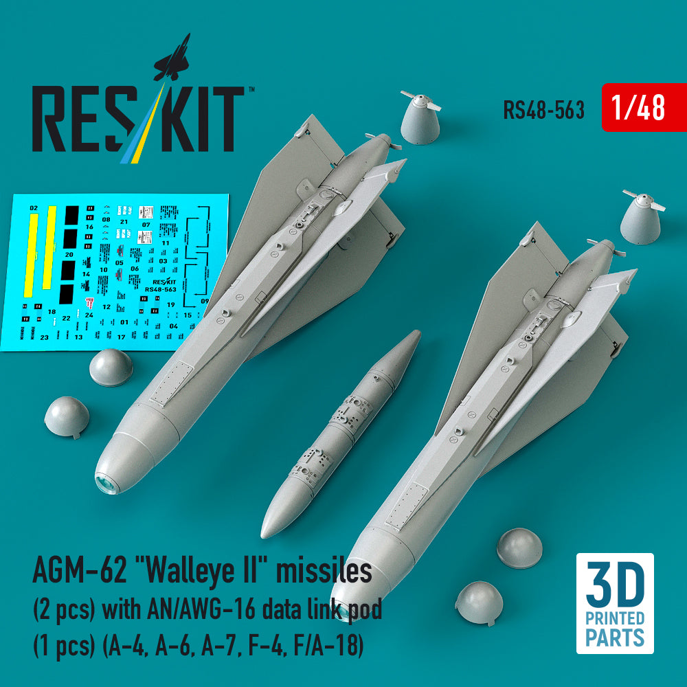AGM-62 'Walleye II' missiles (2 pcs) with AN/AWG-16 data link pod (1 pcs) (Douglas A-4, A-6, A-7, F-4, F/A-18) (3D-Printed) (1/48)