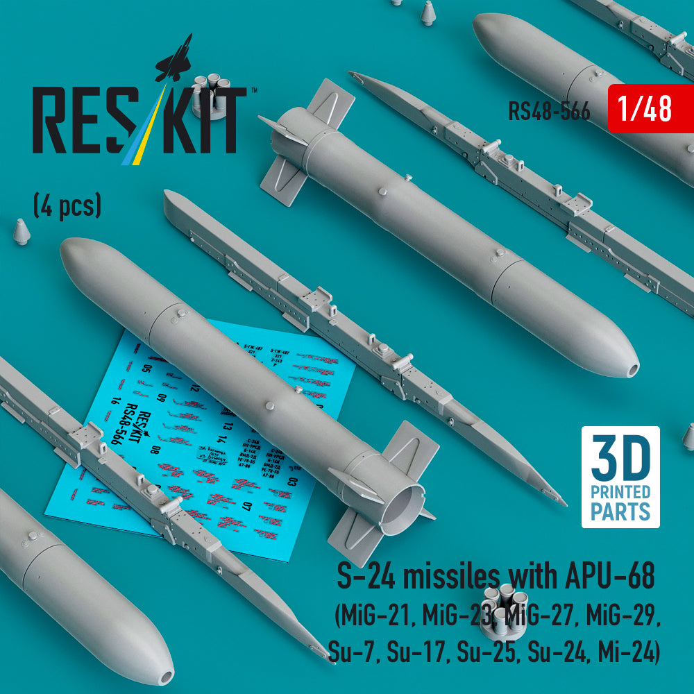S-24 missiles with APU-68 (4 pcs) (Mikoyan MiG-21, Mikoyan MiG-23, Mikoyan MiG-27, Mikoyan MiG-29, Sukhoi Su-7, Su-17, Su-25, Su-24, Mi-24) (3D Printed)