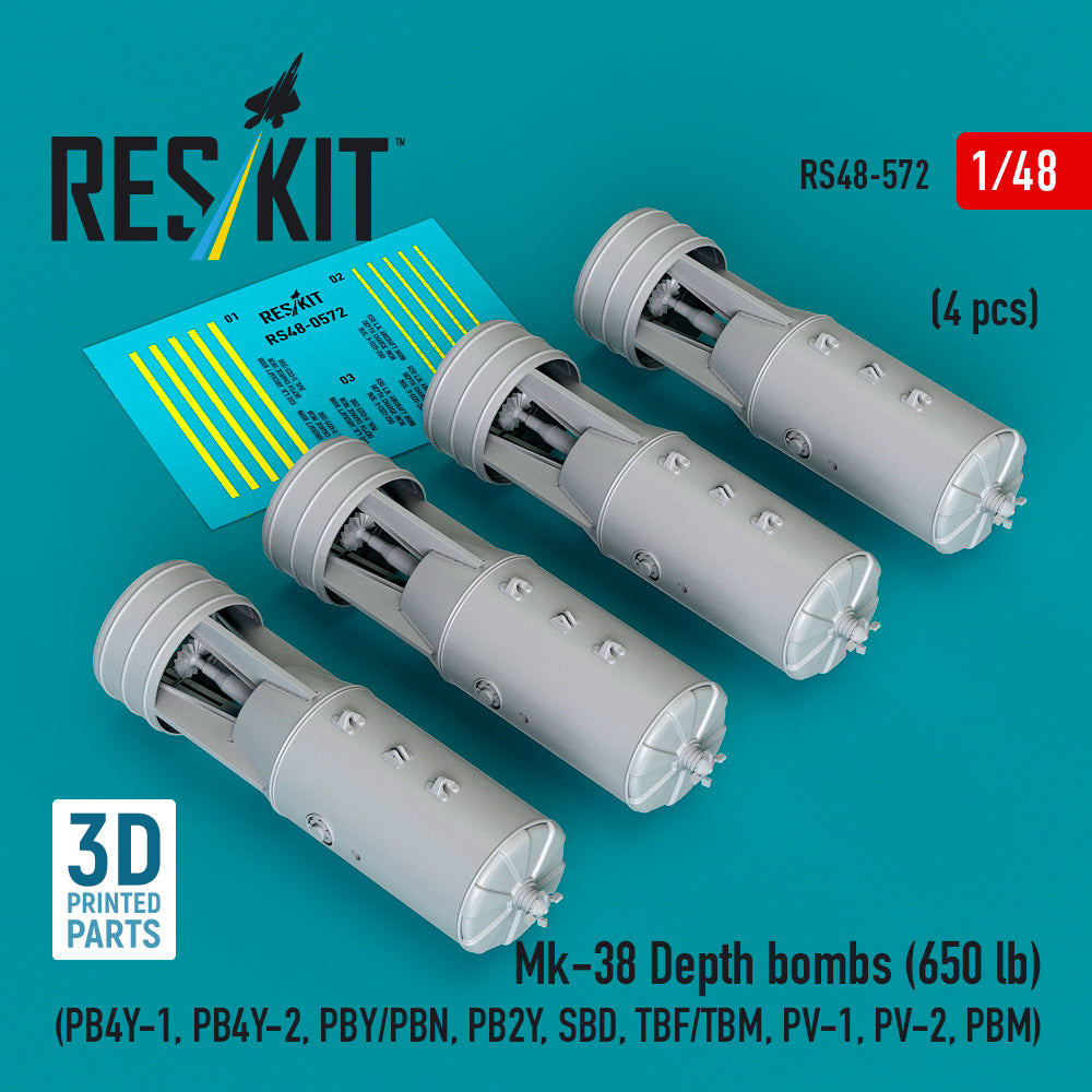 Mk-38 Depth bombs (650 lb) (4 pcs) (Consolidated PB4Y-1, PB4Y-2, PBY/PBN, PB2Y, SBD, TBF/TBM, PV-1, PV-2, PBM) (3D-Printed) (1/48)