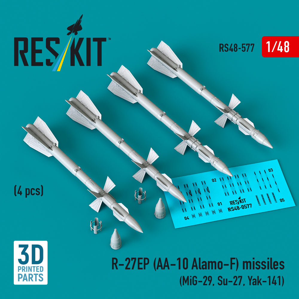 R-27EP (AA-10 Alamo-F) missiles (4 pcs) (Mikoyan MiG-29, Sukhoi Sukhoi Su-27, Yakovlev Yak-141) (3D-Printed) (1/48)