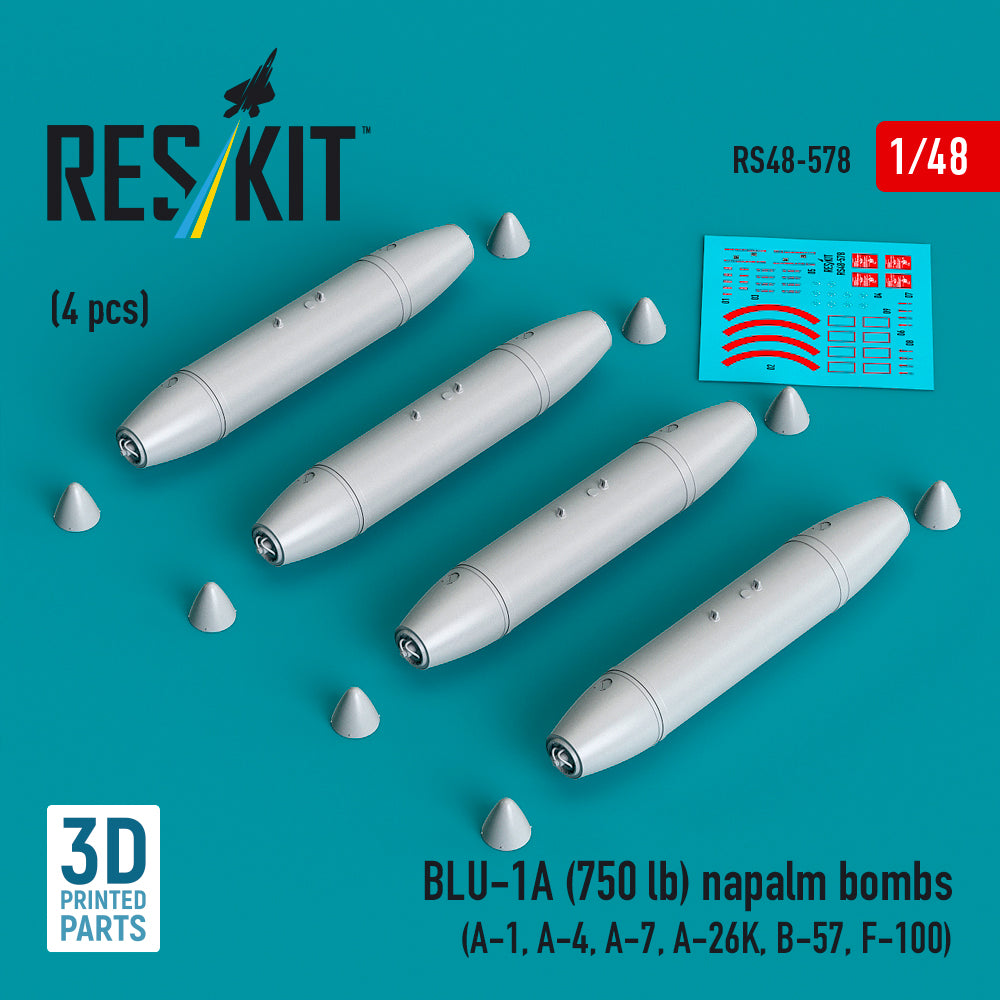 BLU-1A (750 lb) napalm bombs (4 pcs) (A-1, Douglas A-4, A-7, A-26K, B-57, F-100) (3D-Printed) (1/48)