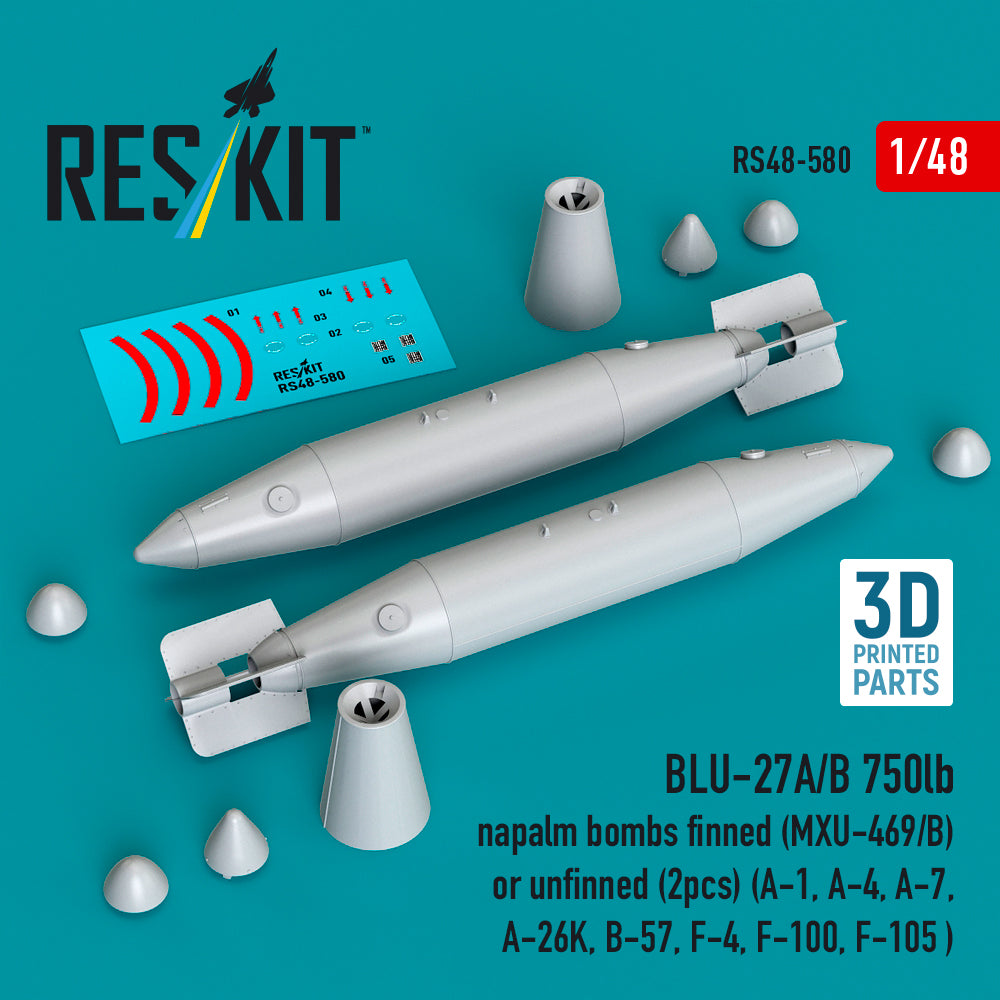 BLU-27A/B 750lb napalm bombs finned (MXU-469/B) or unfinned (2pcs) (A-1, A-4, LTV A-7, A-26K, B-57, F-4, F-100, F-105 ) (3D Printed)
