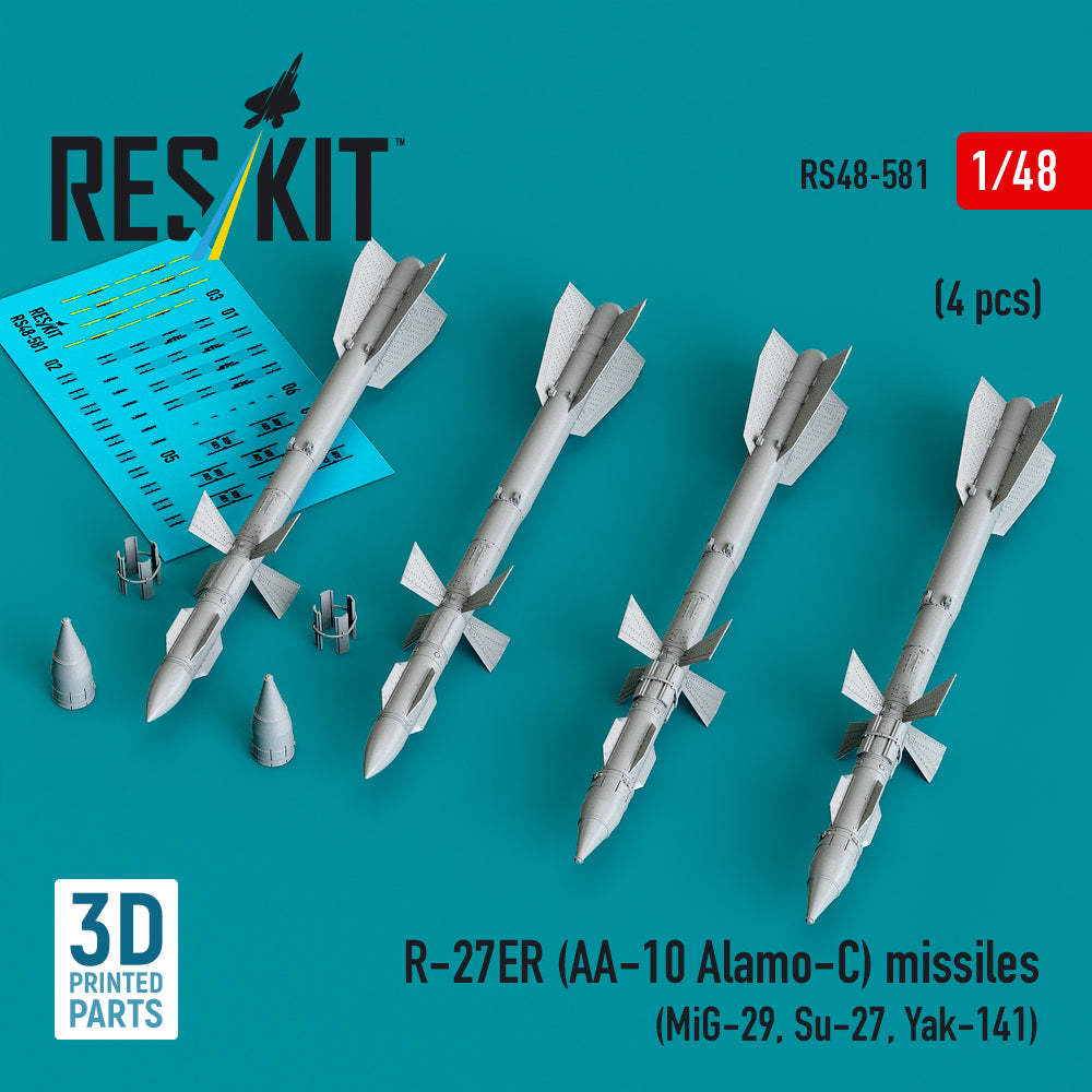 R-27ER (AA-10 Alamo-C) missiles (4 pcs) (Mikoyan MiG-29, Sukhoi Sukhoi Su-27, Yakovlev Yak-141) (3D-Printed) (1/48)
