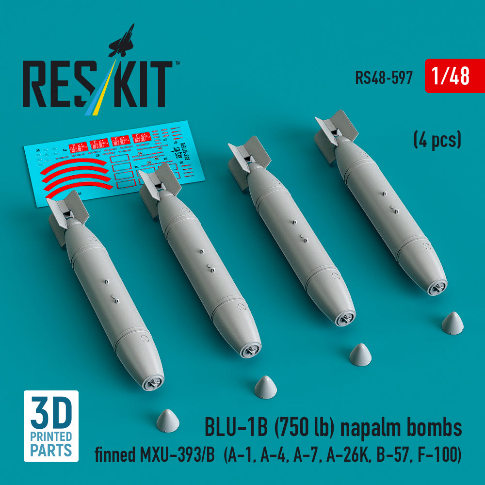 BLU-1B (750 lb) napalm bombs finned MXU-393/B (4 pcs) (A-1, Douglas A-4, A-7, A-26K, B-57, F-100) (3D-Printed) (1/48)