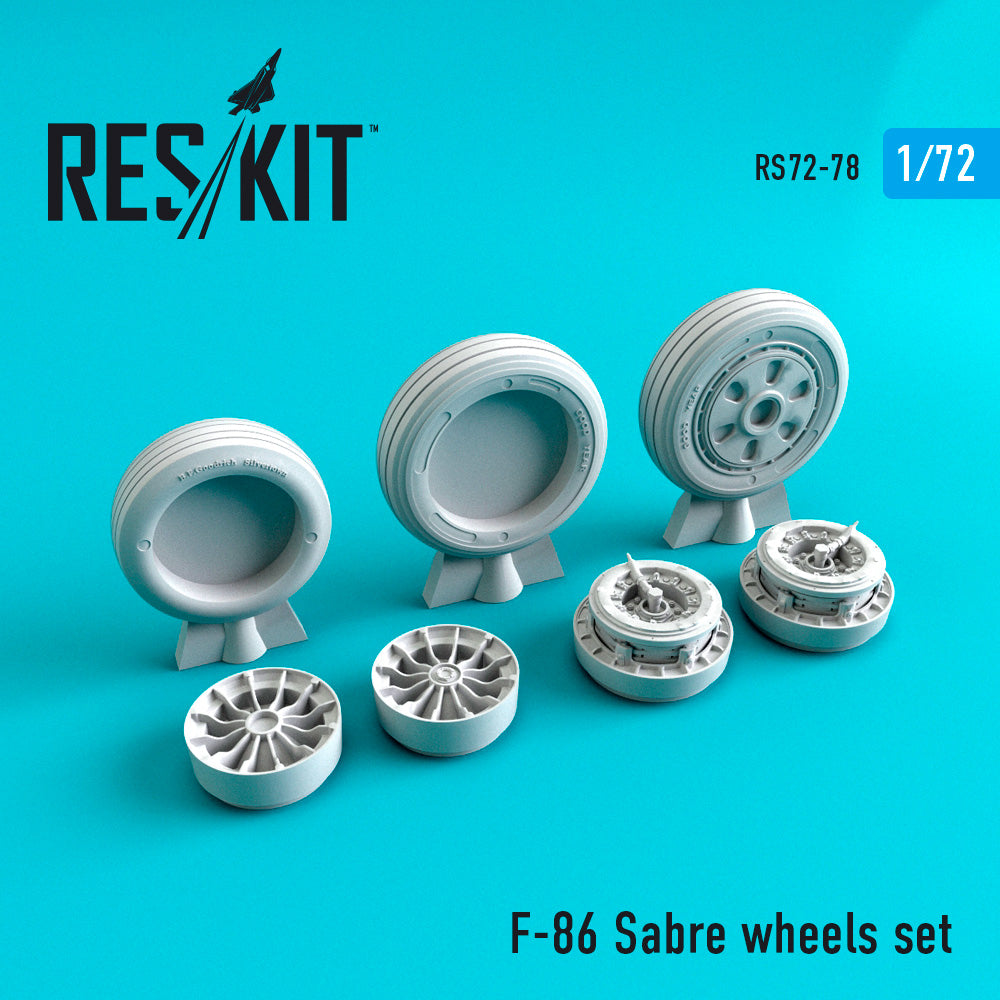 North-American F-86 Sabre wheels set	 (designed to be used with Academy, Airfix, Fujimi, Hasegawa, Hobby Boss, Hobbycraft and Special Hobby kits) (ResKit sold out May 2026) [ F-86F-30 F-86F-40 F-86D F-86E RF-86F F-86H F-86K F-86L]