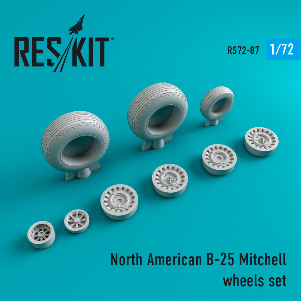 North-American B-25B/B-25C/B-25J Mitchell wheels set (designed to be used with Airfix, AZ Model, FROG, Hasegawa, Heller and Italeri kits) (ResKit sold out May 2026)