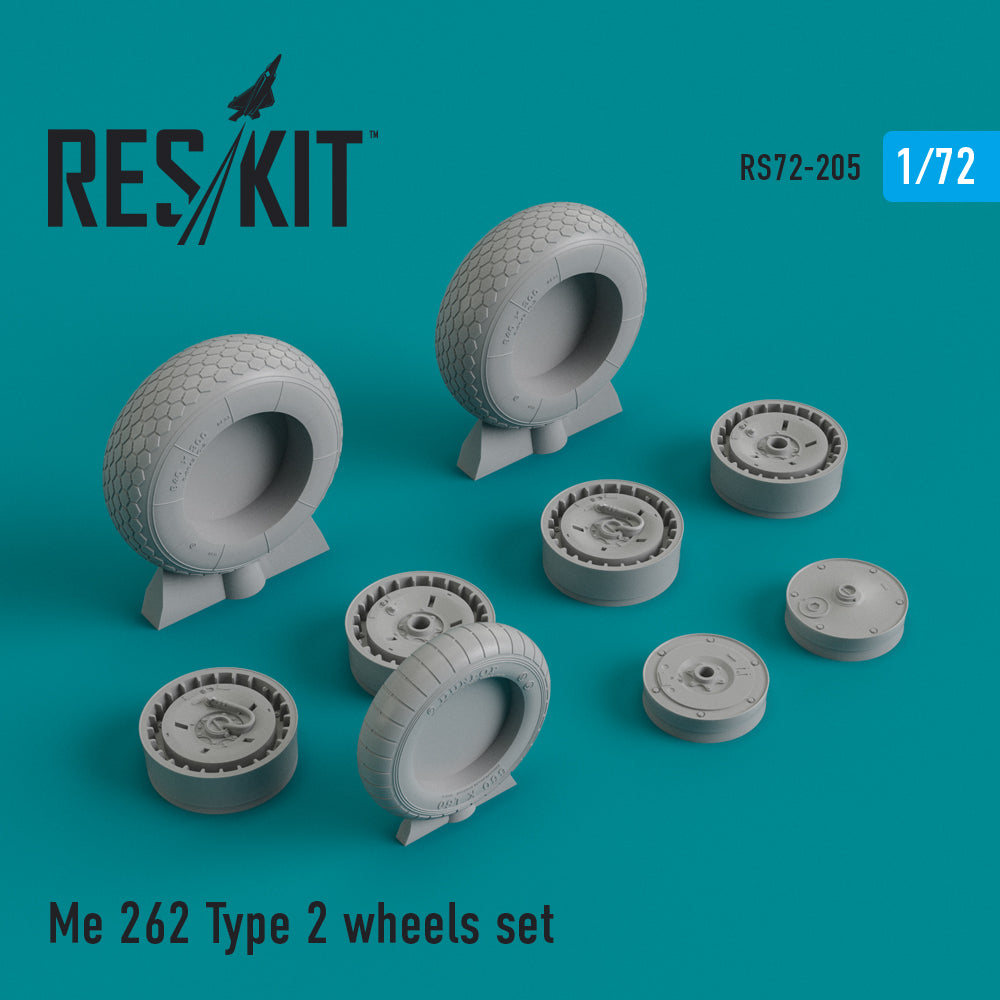 Messerschmitt Me-262A-1/Me-262B-2 Type 2 wheels set 	(designed to be used with Academy, Airfix, Hasegawa, Hobby Boss, Revell, and Smer kits) (ResKit sold out May 2026)