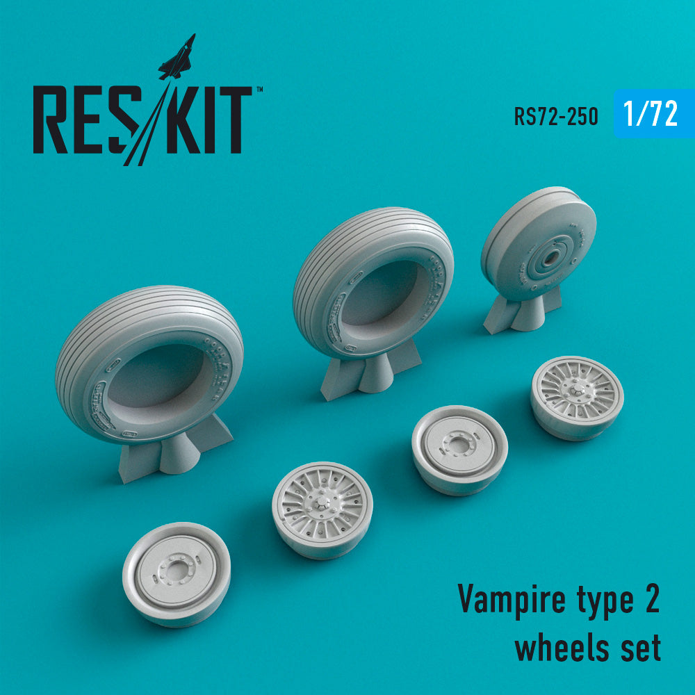 de Havilland Vampire type 2 wheels set (designed to be used with A-Model, Azur, Czechmaster , Cyber-Hobby, Frog, Heller, Novo, Special Hobby, Revell and Xtra kits)[F.30 / FB.31. FB.5 FB.9 F.3 FB.31 NF.10 Mk.6 Mk.5 Mk.3 T.11 Mk.1 Mk.5/50 F.1]