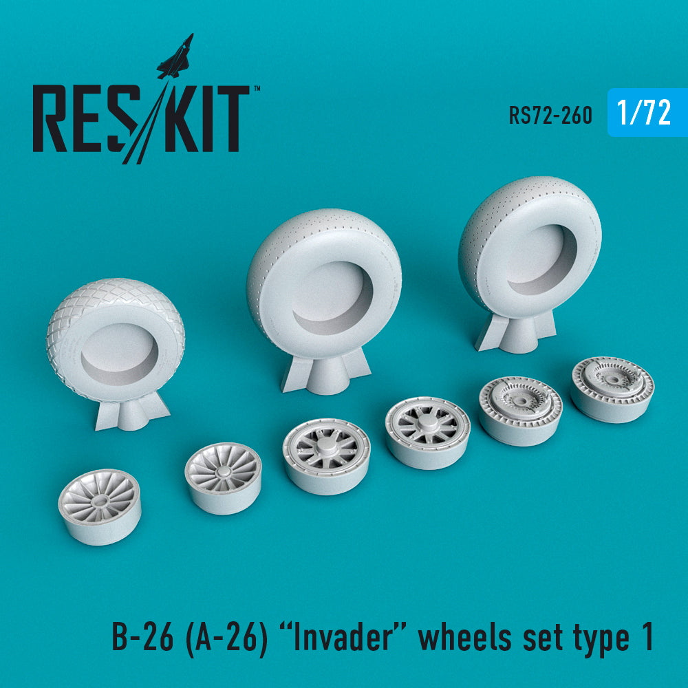 Douglas B-26 (A-26) Invader wheels set type 1 (designed to be used with Italeri kits) [B-26K A-26C A-26A A-26B] (ResKit sold out February 2026)