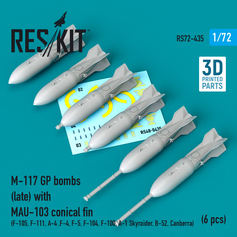 M-117 GP bombs (late) with MAU-103 conical fin (6 pcs) (Republic F-105D/F-105G , General-Dynamics F-111, Douglas A-4 ,McDonnell F-4, F-5, F-104, North-American F-100, A-1 Skyraider, B-52, Canberra) (3D-Printed) (1/72)