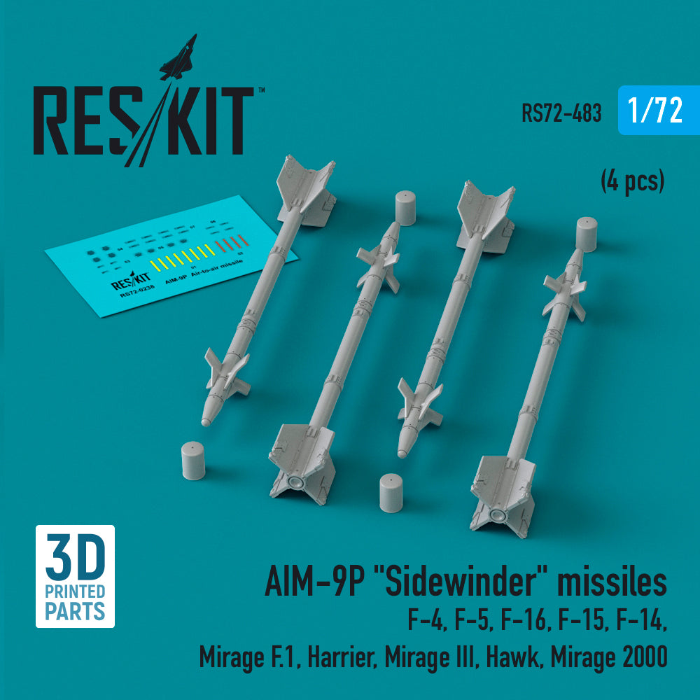AIM-9P Sidewinder missiles (4 pcs) (McDonnell F-4, Northrop F-5, F-16, McDonnell F-15, Grumman F-14, Dassault_Mirage F.1, BAe Harrier, Dassault_Mirage III, Hawk, Dassault_Mirage 2000) (3D-Printed)