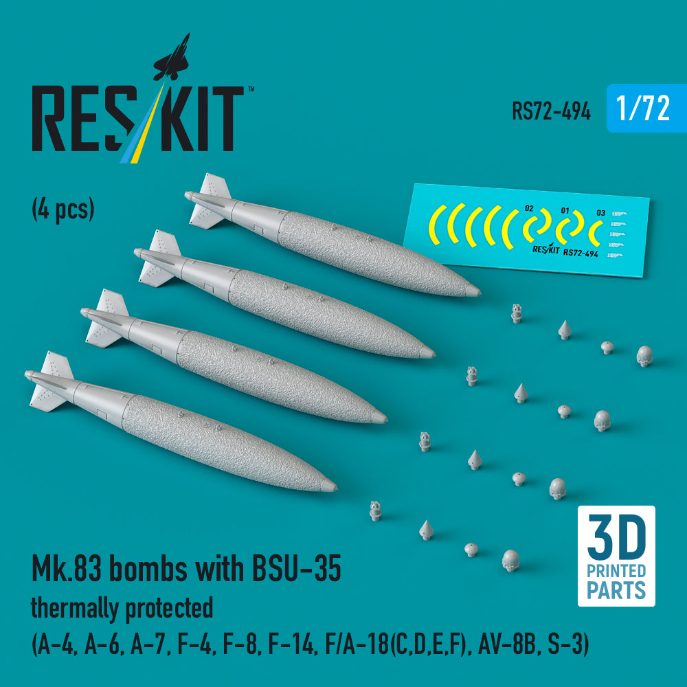 Mk.83 bombs with BSU-35 thermally protected (4 pcs) (Douglas A-4, A-6, LTV A-7, McDonnell F-4, F-8, Grumman F-14, F/A-18(C,D,E,F), McDonnell-Douglas AV-8B, S-3) (3D-Printed)