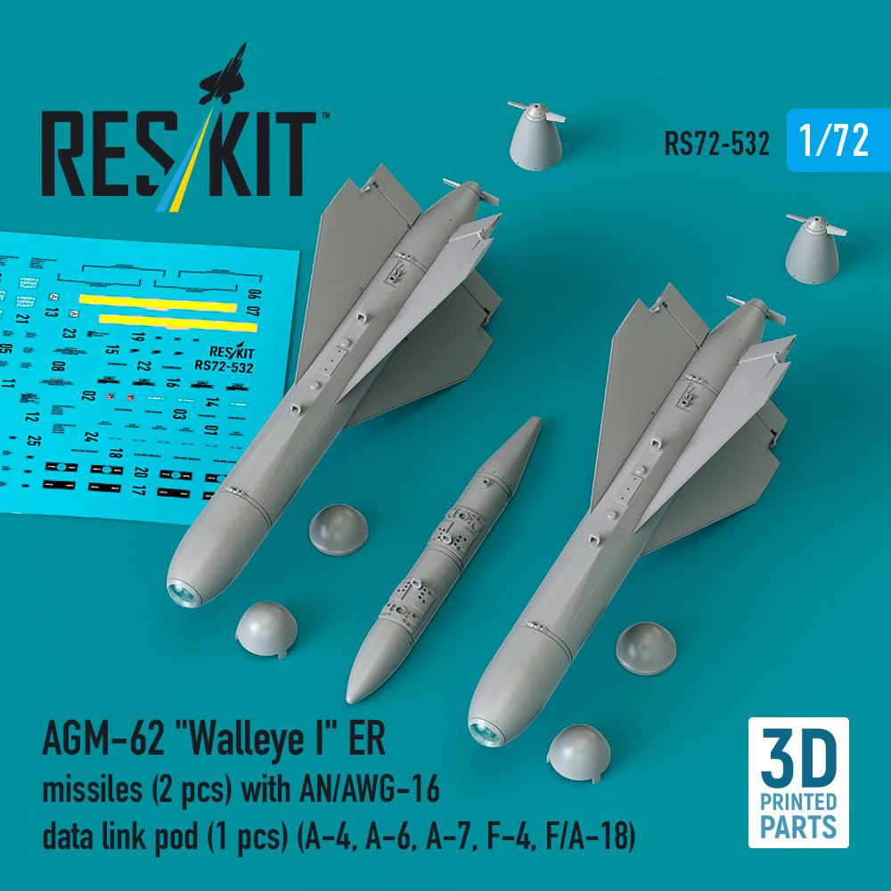 AGM-62 'Walleye I' ER missiles (2 pcs) with AN/AWG-16 data link pod (1 pcs) (Douglas A-4, A-6, A-7, F-4, F/A-18) (3D-Printed) (1/72)