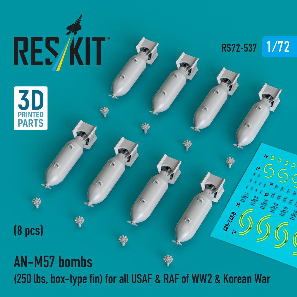 AN-M57 bombs (250 lbs, box-type fin) for all USAF & RAF of WW2 & Korean War (8 pcs) 3D-Printed