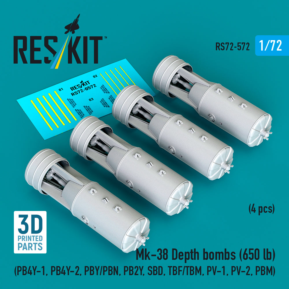 Mk-38 Depth bombs (650 lb) (4 pcs) (Consolidated PB4Y-1, PB4Y-2, PBY/PBN, PB2Y, SBD, TBF/TBM, PV-1, PV-2, PBM) (3D-Printed) (1/72)