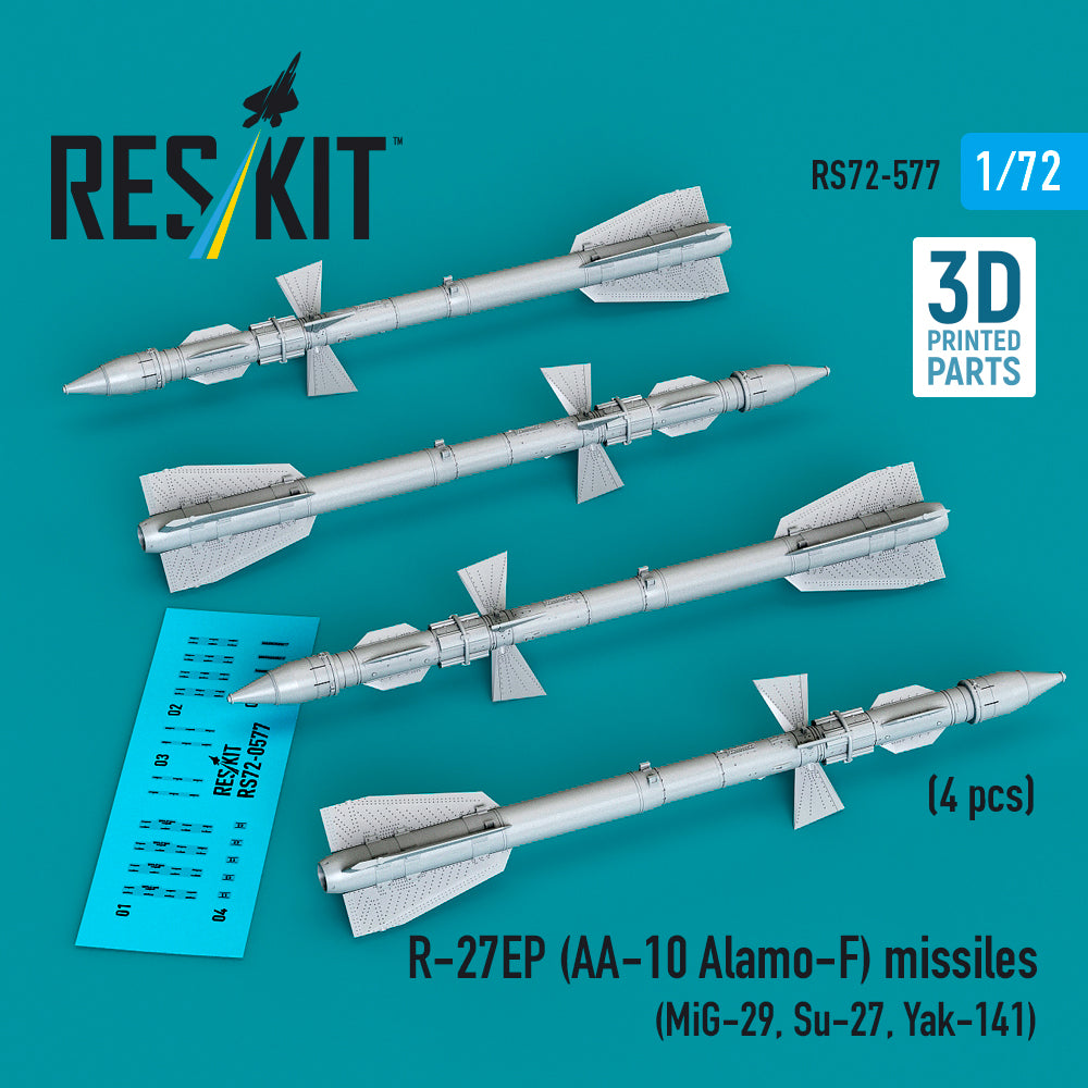 R-27EP (AA-10 Alamo-F) missiles (4 pcs) (Mikoyan MiG-29, Sukhoi Sukhoi Su-27, Yakovlev Yak-141) (3D-Printed) (1/72)