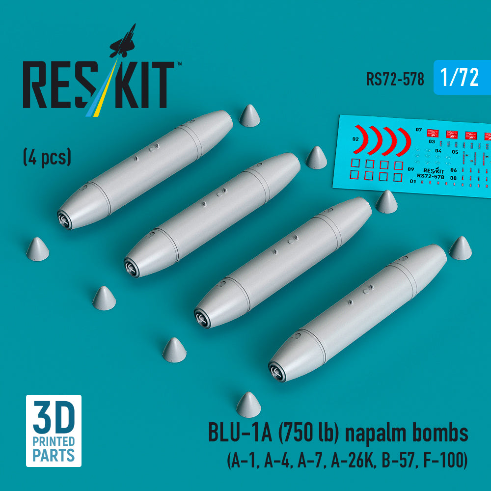BLU-1A (750 lb) napalm bombs (4 pcs) (A-1, Douglas A-4, A-7, A-26K, B-57, F-100) (3D-Printed) (1/72)