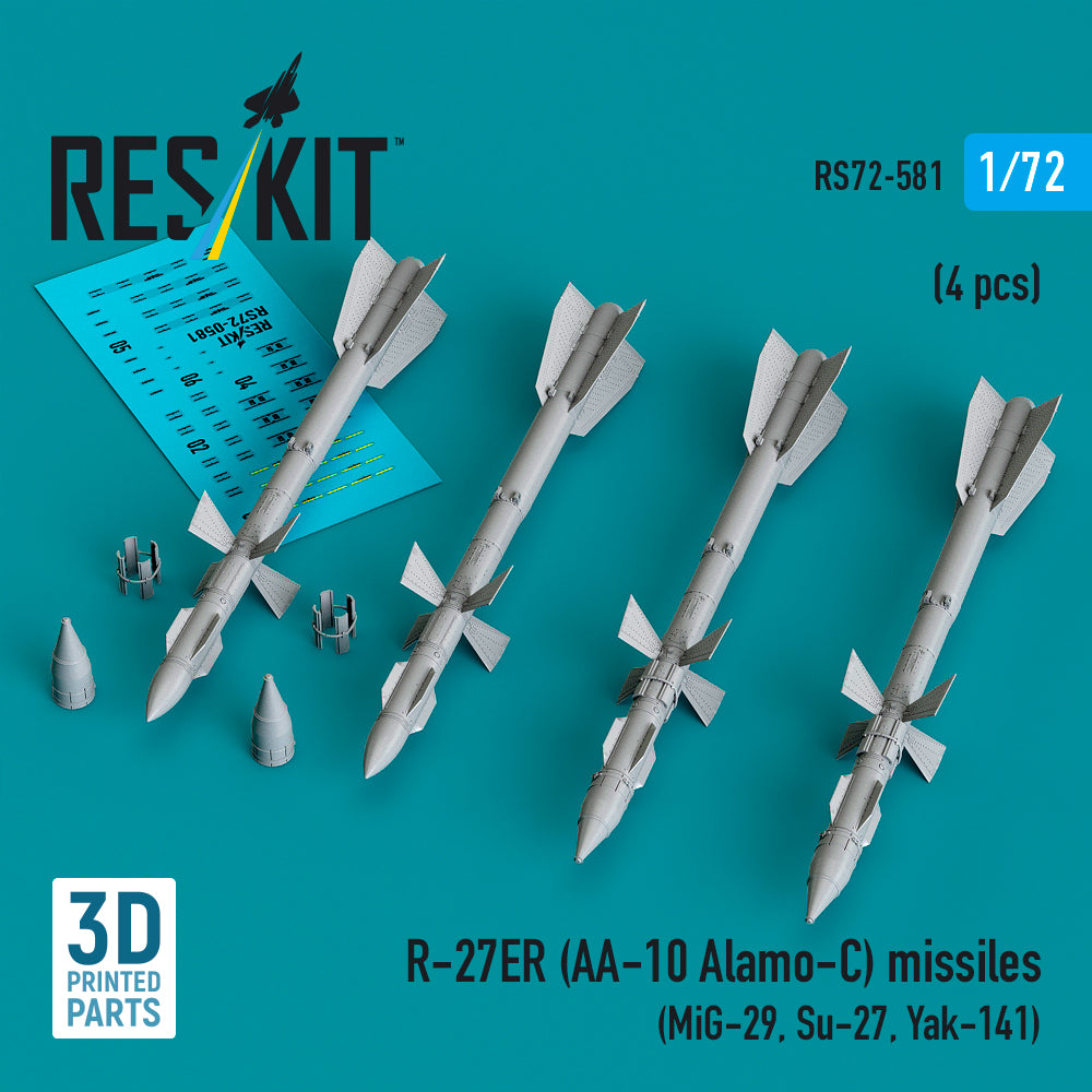 R-27ER (AA-10 Alamo-C) missiles (4 pcs) (Mikoyan MiG-29, Sukhoi Sukhoi Su-27, Yakovlev Yak-141) (3D-Printed) (1/72)