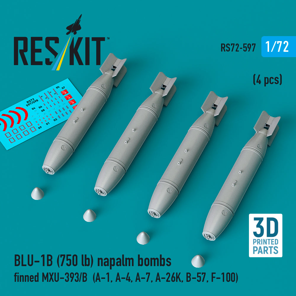 BLU-1B (750lb) napalm bombs finned MXU-393/B (4 pcs) (A-1, Douglas A-4, A-7, A-26K, B-57, F-100) (3D-Printed) (1/72)