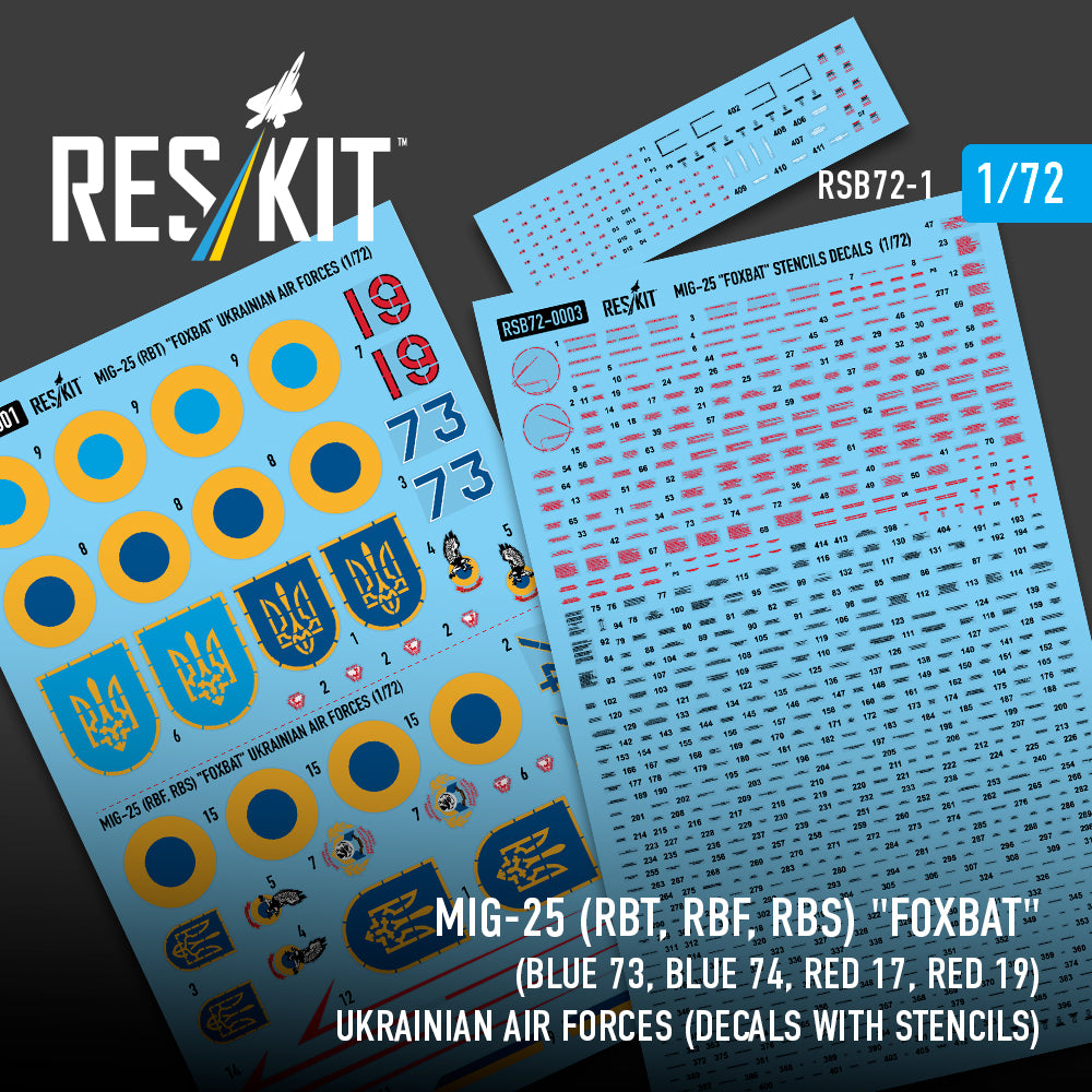 Mikoyan MiG-25 (MiG-25RBT, MiG-25RBF, MiG-25RBS) 'Foxbat' (Blue 73, Blue 74, Red 17, Red 19) Ukrainian Air Forces (Decals with Stencils)