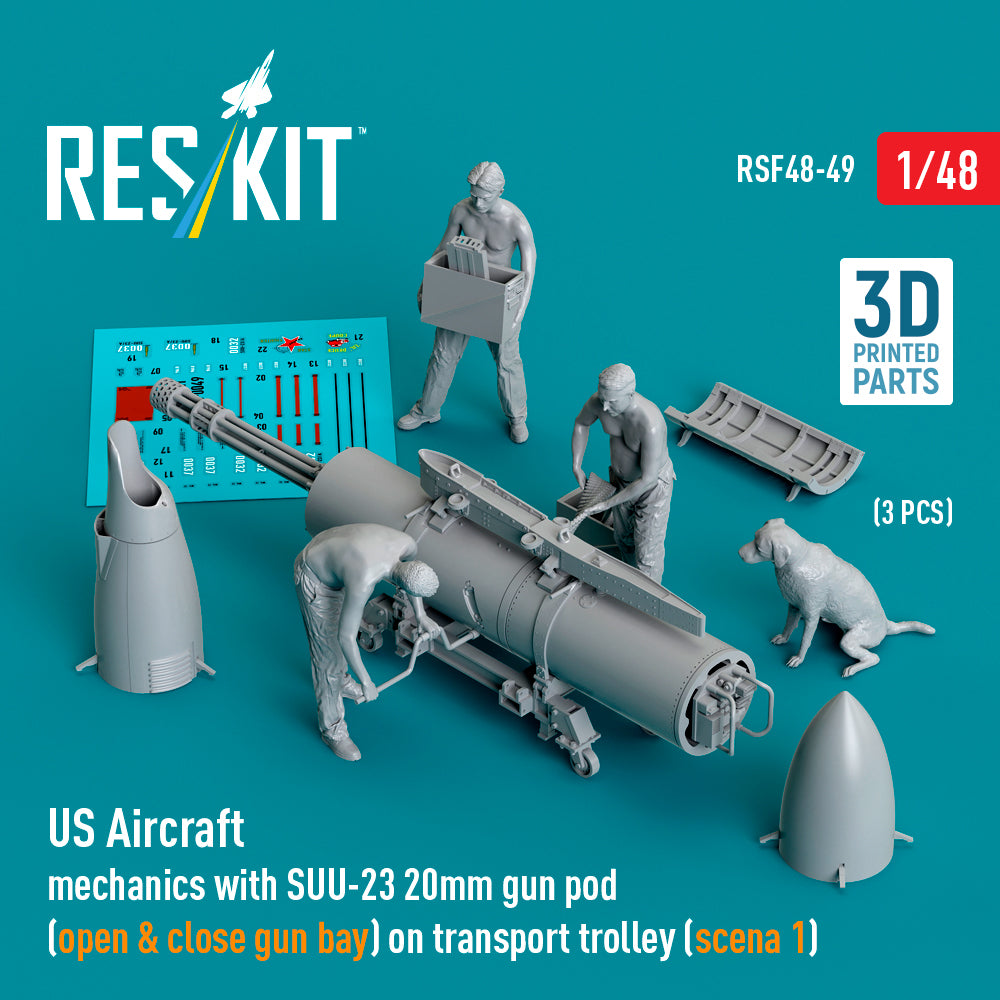 US Aircraft mechanics with SUU-23 20mm gun pod (open & close gun bay) on transport trolley (scene 1) (3 pcs) (3D-Printed)