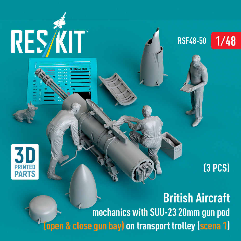 British Aircraft mechanics with SUU-23 20mm gun pod (open & close gun bay) on on transport trolley (scene 1) (3 pcs) (3D-Printed)