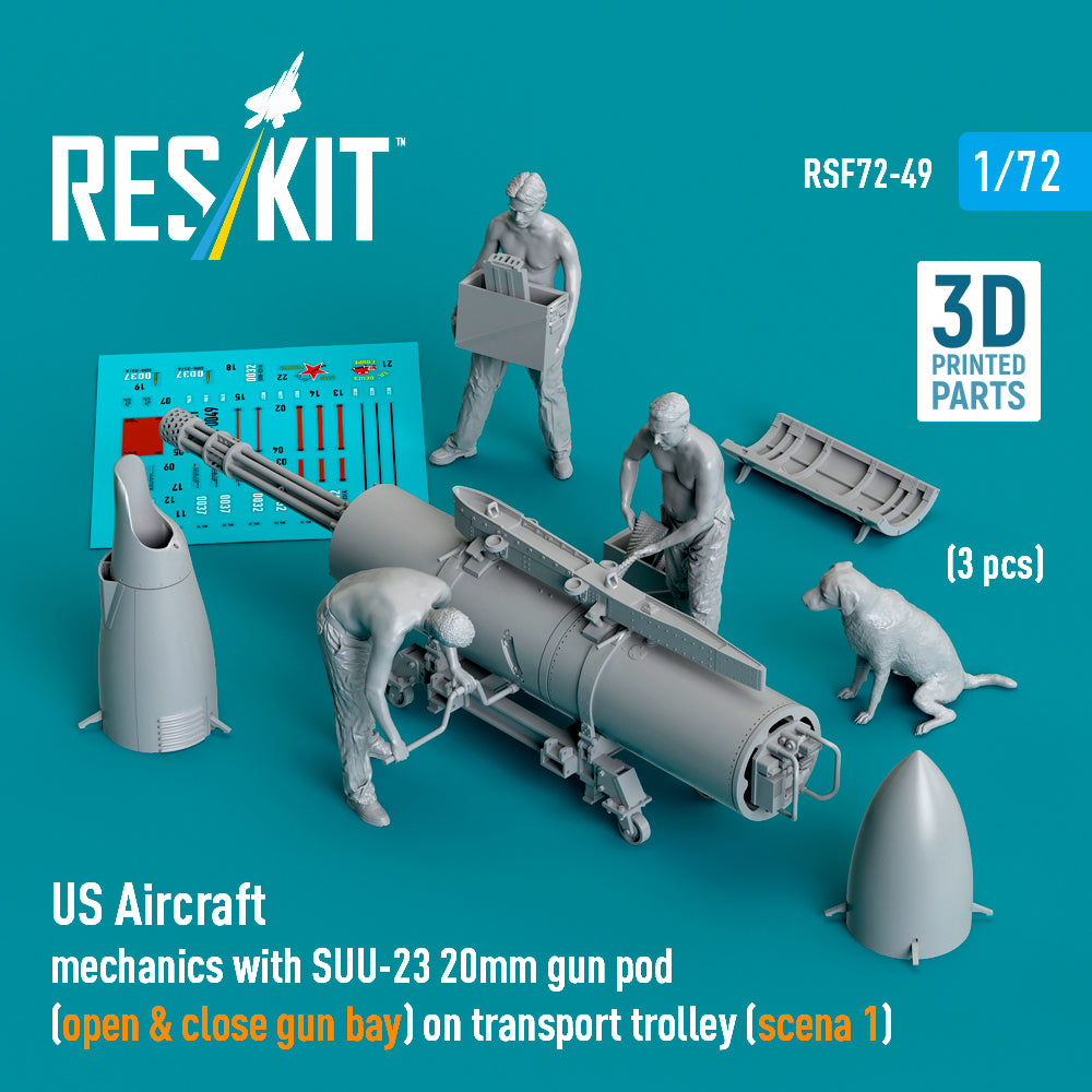 US Aircraft mechanics with SUU-23 20mm gun pod (open & close gun bay) on transport trolley (scene 1) (3 pcs) (3D-Printed)