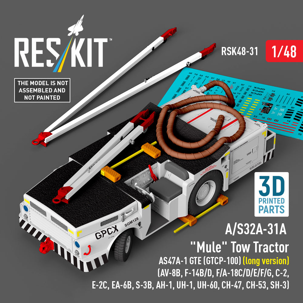 A/S32A-31A 'Mule' Tow Tractor AS47A-1 GTE (GTCP-100) (long version) (AV-8B, Grumman F-14B/D, McDonnell-Douglas F/A-18C/D/E/F/G, C-2, E-2?, EA-6B, S-3B, AH-1, UH-1, Sikorsky UH-60, CH-47, CH-53, SH-3) (3D-Printed model kit) (1/48)